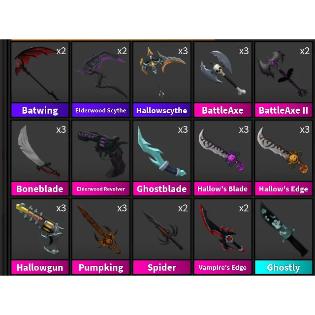 A grid of Halloween-themed Murder Mystery 2 weapon cosmetics from a previous collection