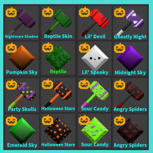 Halloween hammer skin bundle graphic from an older marketplace listing Historical marketplace graphic showing a bundle of assorted Halloween-themed Flee the Facility hammer skins