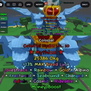 Catch and Tame | Colossal Celestial Hydra 25,386kg (Mythical) Lvl 10 | Rainbow, Gold, Albino, & more mutation | 59.9K/s 