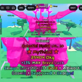 Catch and Tame | Colossal Celestial Hydra 25,404kg (Mythical) Lvl 10 | Shiny, Gold, Albino, & more mutation | 34.2K/s