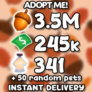 ADOPT ME 3.5M ACORNS SUMMER EVENT CURRENCY 245k BUCKS + 341 AGE UP POTIONS + 40 PETS