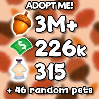ADOPT ME 3M ACORNS SUMMER EVENT CURRENCY 226k BUCKS + 315 AGE UP POTIONS + 46 PETS