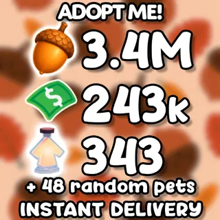 ADOPT ME 3.4M ACORNS SUMMER EVENT CURRENCY 243k BUCKS + 343 AGE UP POTIONS + 48 PETS