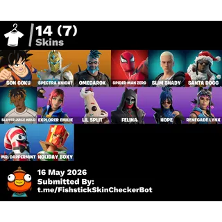 [PC/XBOX/PSN] 🔥 14 RARE SKINS 🔥 SON GOKU 🐉 SPECTRA KNIGHT ⚔️ OMEGAROK 🔥 SPIDER-MAN ZERO 🕷️ SLIM SHADY 🎤  FULL ACCESS 