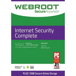 Webroot SecureAnywhere internet Security complet 2020  - 1 year 5 Devices - keycode