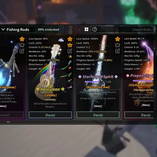 Fisch Account With Masterline Lullaby Halibut Harpoon Sanguine Spire Shady Rod Olympian Godbreaker Onirifalx Apollo’s Sunshot