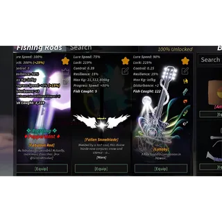 Account Fisch LV MAX Unlock Masterline Rod, Lullaby, Fallen Snowblade, Duskwire, Castbound
