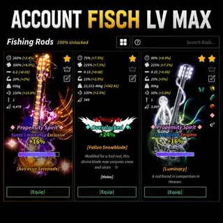 Account Fisch LV MAX Unlock Astraeus Serenade, Lullaby, Fallen Snowblade, Polaris Serenade, Masterline Rod, Duskwire