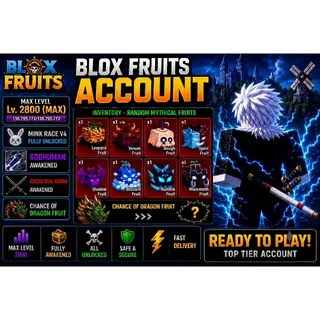 Blox Fruits Account | Mink Race V4 | Godhuman | CDK | Max Level 2800 | Random Mythical Fruits | Chance of Dragon Fruit