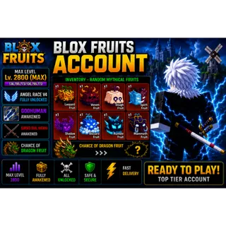 Blox Fruits Account | Angel Race V4 | Godhuman | CDK | Max Level 2800 | Random Mythical Fruits | Chance of Dragon Fruit