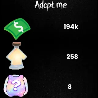 194k Bucks  / 258 age-up potions -8x Random pets -Adopt Me! 