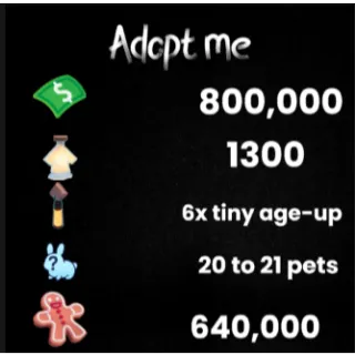 800k bucks / 1300+ Age-up potions / 6x Tiny Age-up Potion / 20 to 21 free pet / 640k Gingerbread - Adopt me 