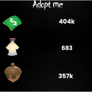 357k acorn / 404k Bucks / 683 age-up potions / Fish baits  -Random pets -Adopt Me! 6