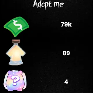 79k Bucks  / 89 age-up potions/68x Tiny age-up potion/ 237x Honey candy  - 4x Random pets -Adopt Me! 