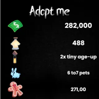 282k bucks / 488+ Age-up potions / 2x Tiny Age-up Potion / 6 to 7 free pet / 271k Gingerbread - Adopt me 