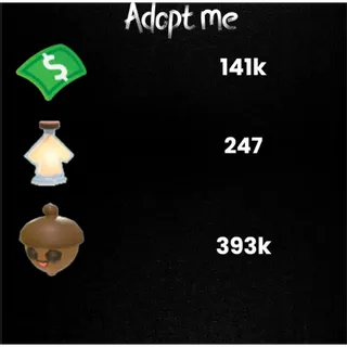 141k acorn / 393k Bucks / 247 age-up potions / Fish baits  -Random pets -Adopt Me! 6