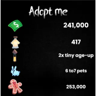 241k bucks / 417+ Age-up potions / 2x Tiny Age-up Potion / 6 to 7 free pet / 253k Gingerbread - Adopt me 