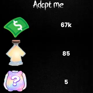67k Bucks  / 85 age-up potions/94x Tiny age-up potion/ 330x Honey candy  - 5x Random pets -Adopt Me! 