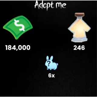 184k Bucks / 246 age-up potions - 6x Random pets -Adopt Me! 
