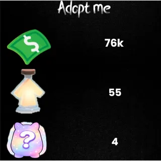 76k Bucks  / 55 age-up potions/236x honey candy/ 68x tiny age-up potions  - 4x Random pets -Adopt Me! 