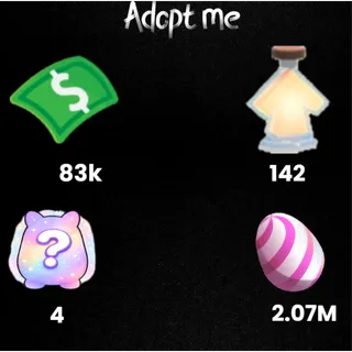 83k Bucks  / 142 age-up potions/ candy egg 2.07M - 4x Random pets -Adopt Me! 