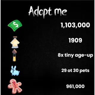 1.10M bucks / 1909+ Age-up potions / 8x Tiny Age-up Potion / 29 to 30 free pet / 961k Gingerbread - Adopt me 
