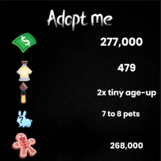277k bucks / 479+ Age-up potions / 2x Tiny Age-up Potion / 7 to 8 free pet / 268k Gingerbread - Adopt me 