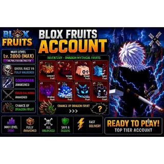 Blox Fruits Account | Ghoul Race V4 | Godhuman | CDK | Max Level 2800 | Random Mythical Fruits | Chance of Dragon Fruit