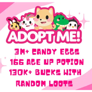 3M+ CANDY EGGS, 156 AGE UP POTION, 115k+ BUCKS (RANDOM LOOTS) - ADOPT ME