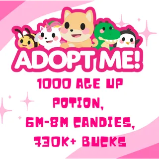 6M-8M CANDIES, 1K AGE UP POTION, 730K+ BUCKS (WITH RANDOM LOOTS)- ADOPT ME