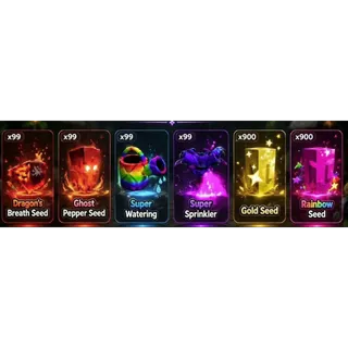 99X (DRAGON BREATH, GHOST PEPPER, SUPER SPRINKLER, SUPER WATERING), 900X (RAINBOW SEED, GOLDEN SEED) - GROW A GARDEN 2
