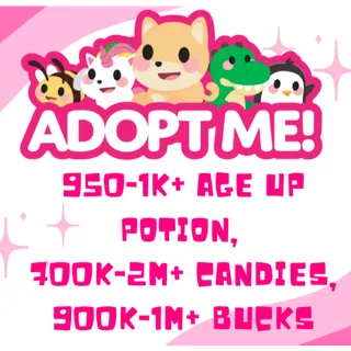 950-1K+ AGE UP POTION, 900K-1M+ BUCKS WITH RANDOM CANDIES AND RANDOM LOOTS - ADOPT ME