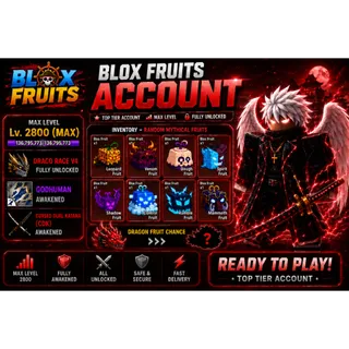 Blox Fruits Account | Draco Race V4 | Godhuman | CDK | Max Level 2800 | Random Mythical Fruits | Chance of Dragon Fruit