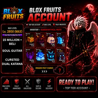 Blox Fruits Account | CDK | Max Level 2800 | Random Mythical Fruits | Chance of Dragon Fruit |SOUL GUITAR | 15 MILLION+ BELI 
