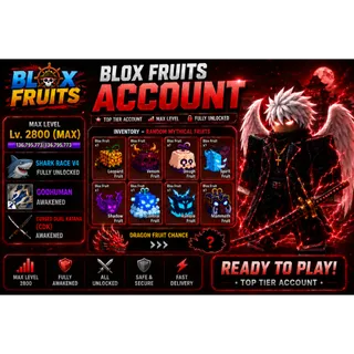 Blox Fruits Account | Shark Race V4 | Godhuman | CDK | Max Level 2800 | Random Mythical Fruits | Chance of Dragon Fruit