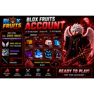 Blox Fruits Account | Angel Race V4 | Godhuman | CDK | Max Level 2800 | Random Mythical Fruits | Chance of Dragon Fruit
