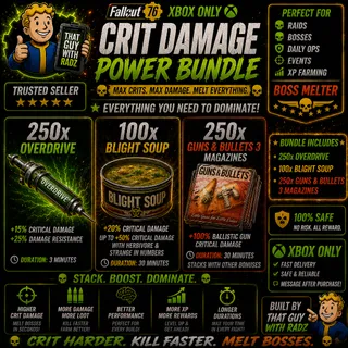 Fallout 76 Crit Damage Bundle | 250 Overdrive + 100 Blight Soup + 250 Guns & Bullets #3 | Xbox