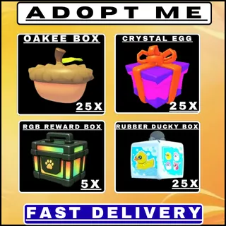 ADOPT ME 80X BOX BUNDLE | 25X OAKIE BOX + 25X CRYSTAL EGG + 5X RGB REWARD BOX + 25X RUBBER DUCKY BOX | FAST DELIVERY