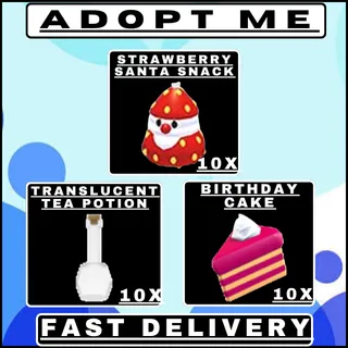 ADOPT ME 30X FOOD & POTION BUNDLE | 10X STRAWBERRY SANTA SNACK + 10X TRANSLUCENT TEA POTION + 10X BIRTHDAY CAKE | FAST DELIVERY
