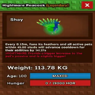 COLLOSAL NIGHTMARE PEACOCK(113KG MAX)