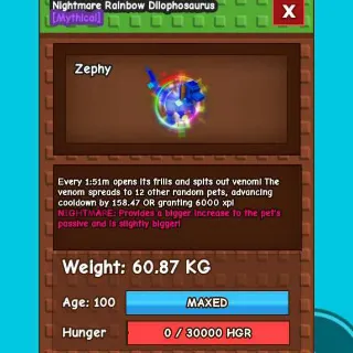 HUGE RAINBOW HATCH NIGHTMARE DILOPHOSAURUS(60.87KG MAX) Ko