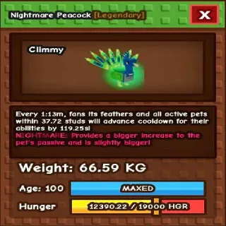 HUGE NIGHTMARE PEACOCK(15 SEC W/TOY)(66.58KG MAX)