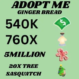 BUCKS & AGE UP POTIONS AND GINGER BREAD AND 20X TREE SASQUATCH  - Adopt Me 