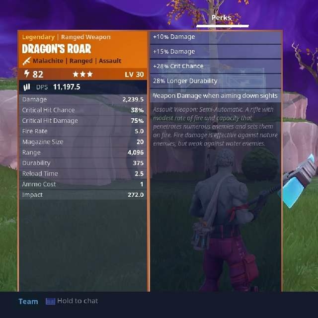 fortnite save the world 82 dragon s roar legendary assault rifle - fortnite crit chance