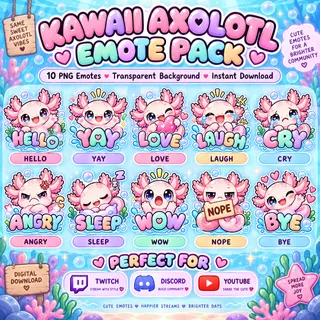 Kawaii Axolotl Emotes | 10 Cute Twitch Emotes | Pastel Axolotl PNG Emote Pack | Instant Download