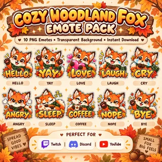 Cozy Woodland Fox Emotes | 10 Cute Autumn Twitch Emotes | Fox PNG Emote Pack | Instant Download