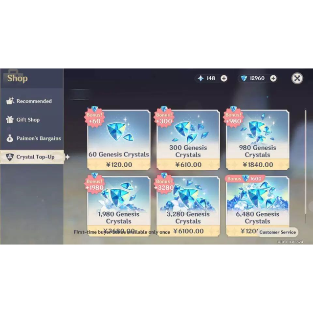 Genshin Impact 99.99USD worth 8080 Crystal Pack Top up Buy 5 get 1