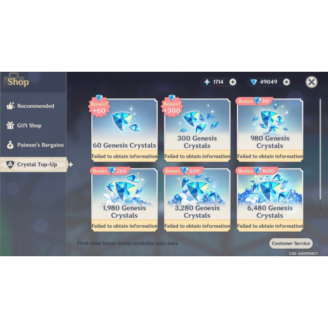 Genshin Impact 99.99USD worth 8080 Crystal Pack Top up Buy 5 get 1