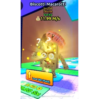 11.99M/s, Max Lv.250, Lucky Biscotti Macaroti [Escape Tsunami For Brainrots] Divine Brainrot