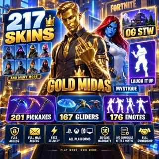 👑 GOLD MIDAS | 217 SKINS | OG STW | LAUGH IT UP + MYSTIQUE | Fortnite Account | Full Access | ALL PLATFORMS